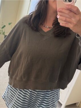 aerie olive green V-Neck Cropped Sweatshirt